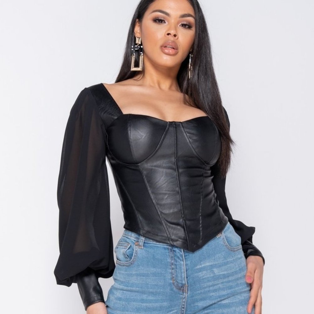 Black Vegan Leather Faux Leather Long Sleeve Bustier Top - Picture 5 of 10